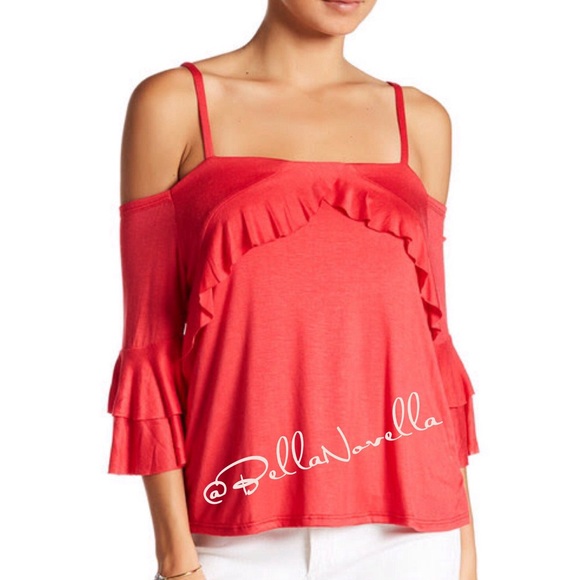 Coral Ruffle Sleeve Cold Shoulder Top NWT - Picture 4 of 7